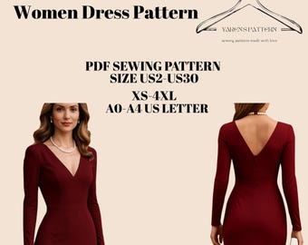 Long Sleeve V Neck Evening Dress Sewing Pattern PDF | Formal Maxi Dress | XS–4XL | US2–US30