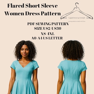 Flared Short Sleeve Women Dress Pattern ,Above Knee Dress Sewing ,V-neck Woman Dress Sewing,No Waist Dress A0 A4 US LETTER-US2 to 30
