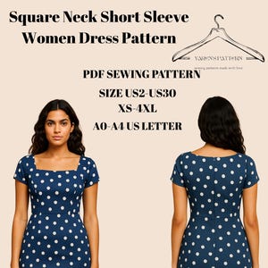 Square Neck Short Sleeve Women Dress Pattern,Square Neck Women Dress Sewing,Short Sleeve Dress Sewing A0 A4 US LETTER-US2 to 30
