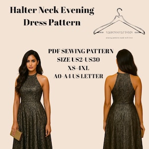 Halter Neck, Evening Dress Sewing Pattern: Ankle Length (US Size 2-30) (Digital Download