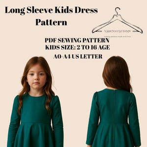Puede incluir: Un patrón de vestido de manga larga color teal para niños, tallas 2 a 16, con falda acampanada. La imagen muestra el frente y la espalda del vestido. El texto en la imagen dice "Long Sleeve Kids Dress Pattern" y "PDF Sewing Pattern".