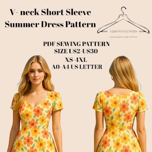 V-neck Short Sleeve Summer Dress Pattern,V-neck Sewing Pattern,Above Knee Woman Dress,Women Dress Sewing A0 A4 US LETTER-US2 to 30