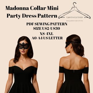 May include: A black off-the-shoulder party dress with a sweetheart neckline and a flared skirt. The image shows the front and back views of the dress. Text on the image reads "Madonna Collar Mini Party Dress Pattern".