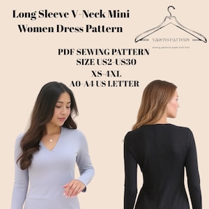 Long Sleeve V-neck Mini Woman Dress Pattern,Long Sleeve Sewing Pattern,V-neck Dress,Mini Women Dress Sewing A0 A4 US LETTER-US2 to 30