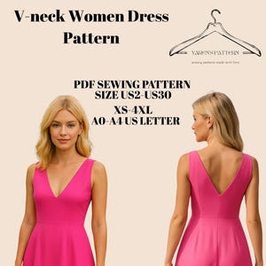 以下が含まれることがあります： 鮮やかなピンク色のVネックドレスのパターンが表示され、前面と背面が表示されています。テキストは、US2-US30とXS-4XLのサイズで利用可能なPDF縫製パターンであることを示しています。パターンはVネックドレス用です。