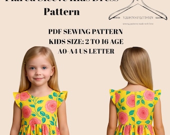 Flare Sleeve Kids Dress Sewing Pattern,Girl Size:2 to 16 Age,PDF Pattern