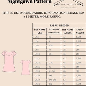 May include: A pink nightgown pattern with short sleeves, featuring a size chart for fabric needs. The chart includes USA, International, and European sizes, along with fabric requirements in meters. The text reads "Short Sleeve Women Nightgown Pattern."