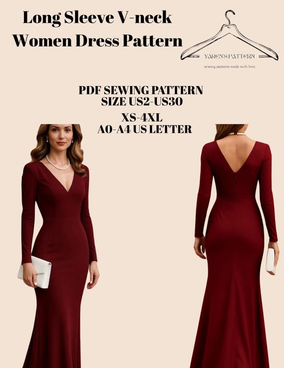 Long Sleeve V Neck Evening Dress Sewing Pattern PDF | Formal Maxi Dress |  XS4XL | US2US30 - Etsy Israel