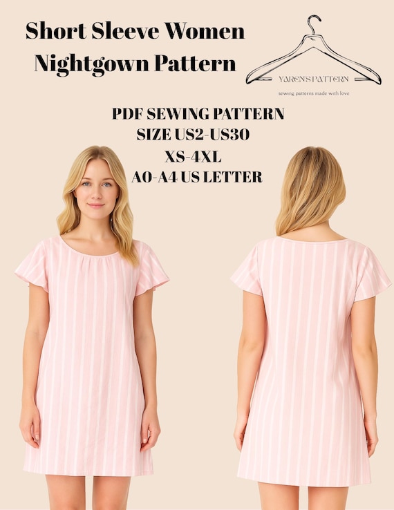 Short Sleeve Women Nightgown Sewing Pattern PDF | XS–4XL | A0 A4 US Letter