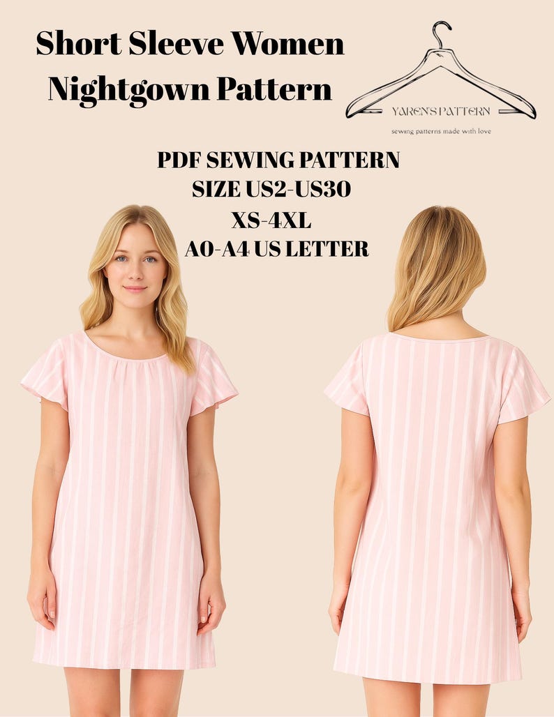 May include: A pink and white striped short-sleeve nightgown. The image shows the front and back of the garment. Text on the image reads "Short Sleeve Women Nightgown Pattern", "PDF Sewing Pattern", and size details.