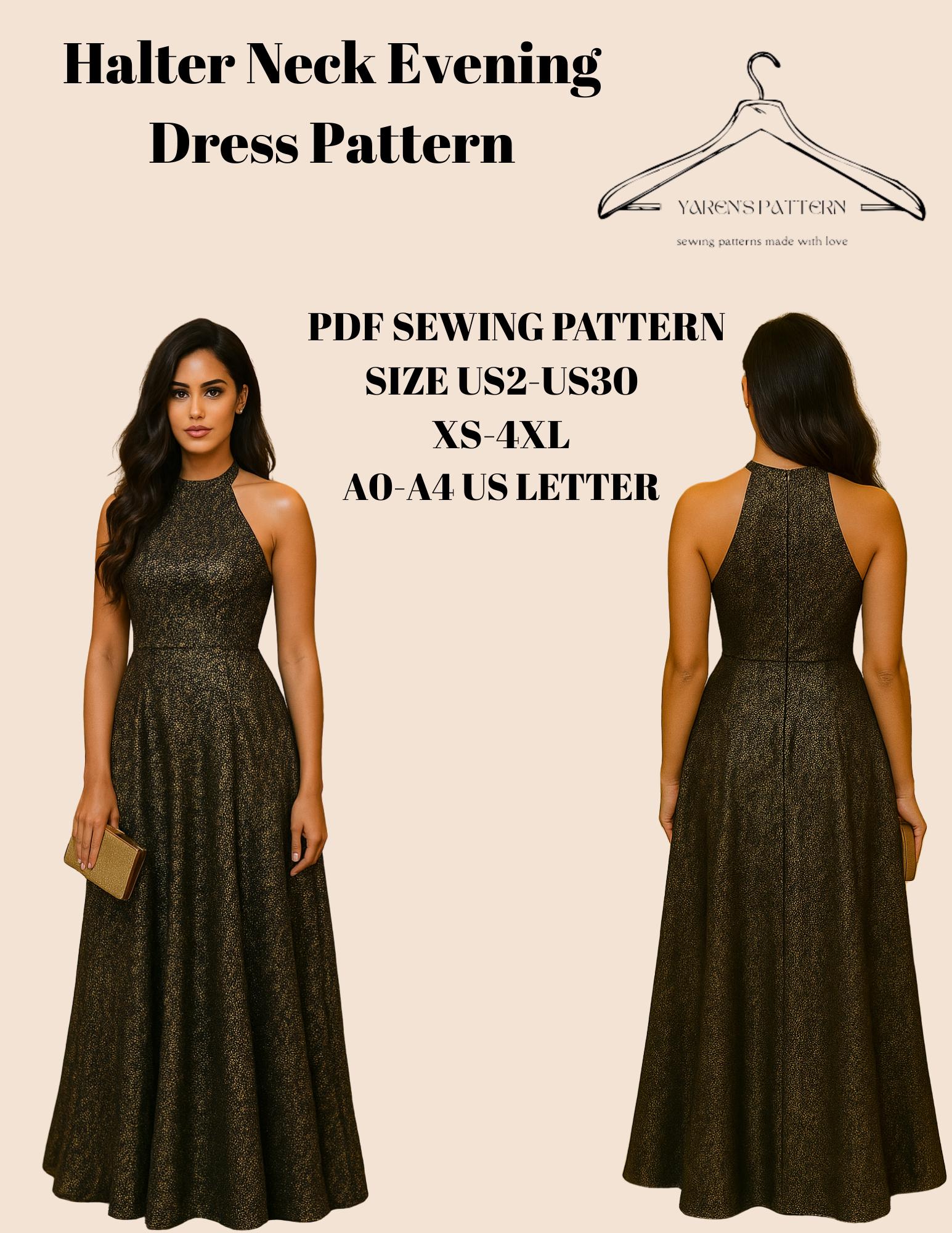 Halter Neck Evening Dress Sewing Pattern PDF | Formal Maxi Dress | XS4XL |  US2US30