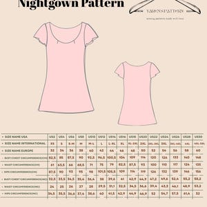 May include: A pink short-sleeve nightgown pattern with size charts. The pattern includes bust, waist, and hip measurements in inches and centimeters. The text reads "Short Sleeve Women Nightgown Pattern."