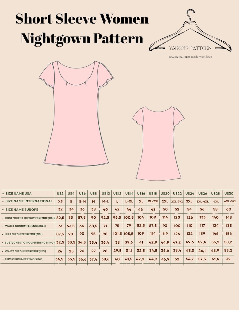 May include: A pink short-sleeve nightgown pattern with size charts. The pattern includes bust, waist, and hip measurements in inches and centimeters. The text reads "Short Sleeve Women Nightgown Pattern."