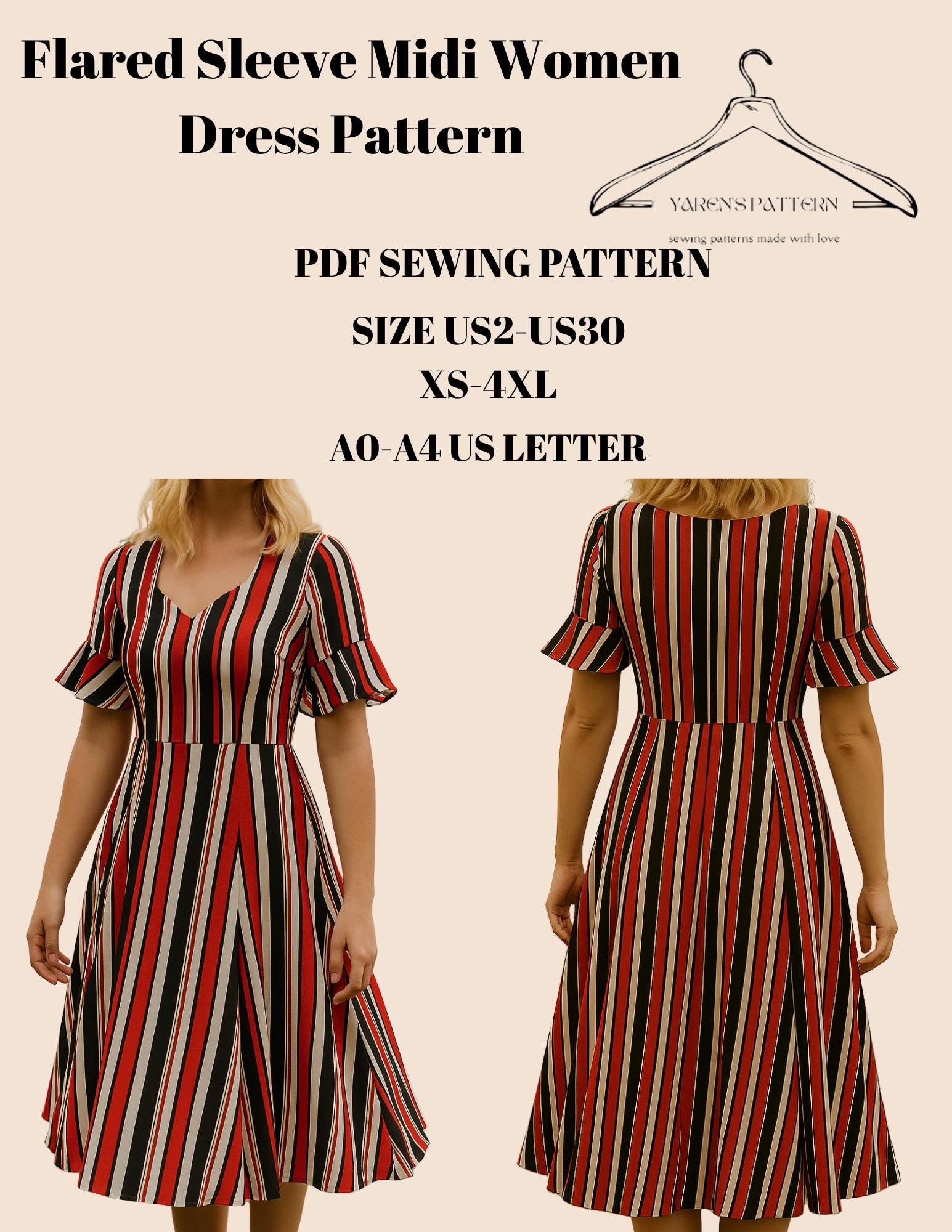 Flare Sleeve Midi Dress Sewing Pattern,women Size:us2 to US30,PDF Pattern -  Etsy
