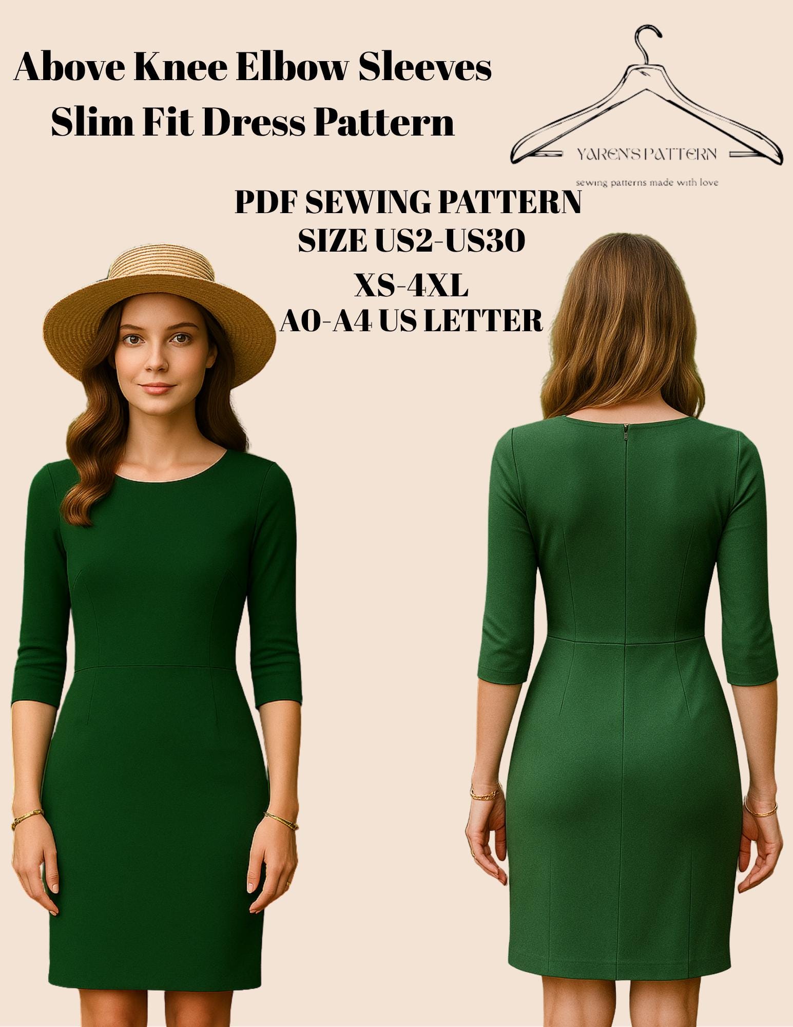 Above Knee Slim Fit Dress Sewing Pattern PDF | XS4XL | US2US30 Above Knee Slim Fit Dress Sewing Pattern PDF | XS4XL | US2US30