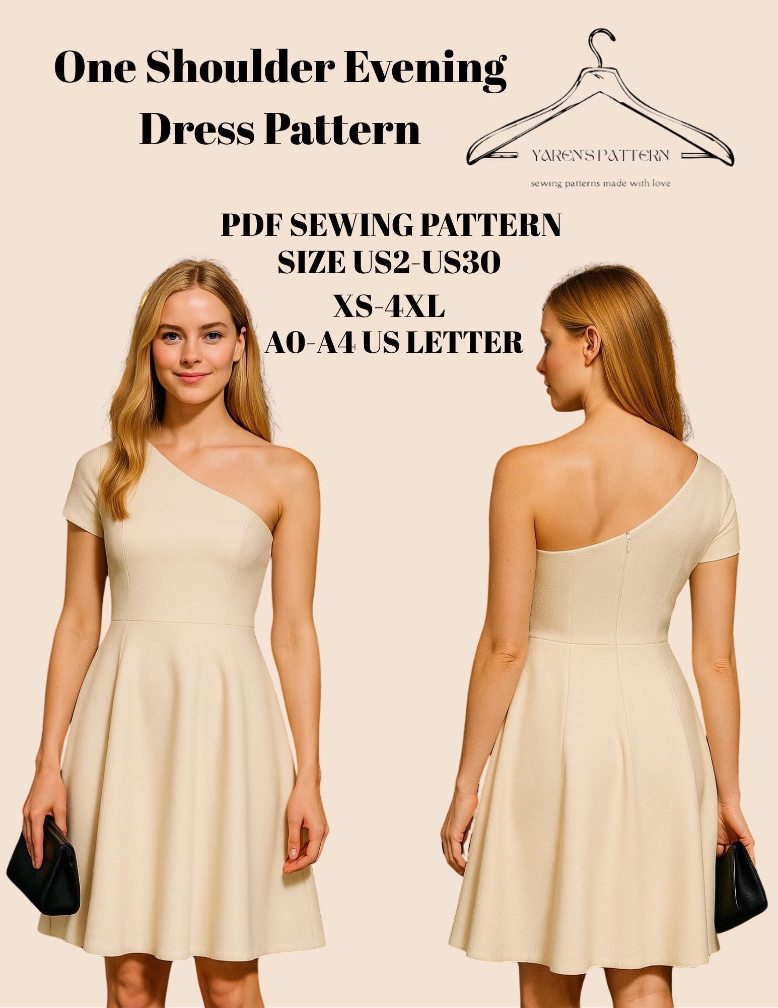 One Shoulder,Evening Dress Sewing Pattern,Women Size:US2 to US30,PDF Pattern