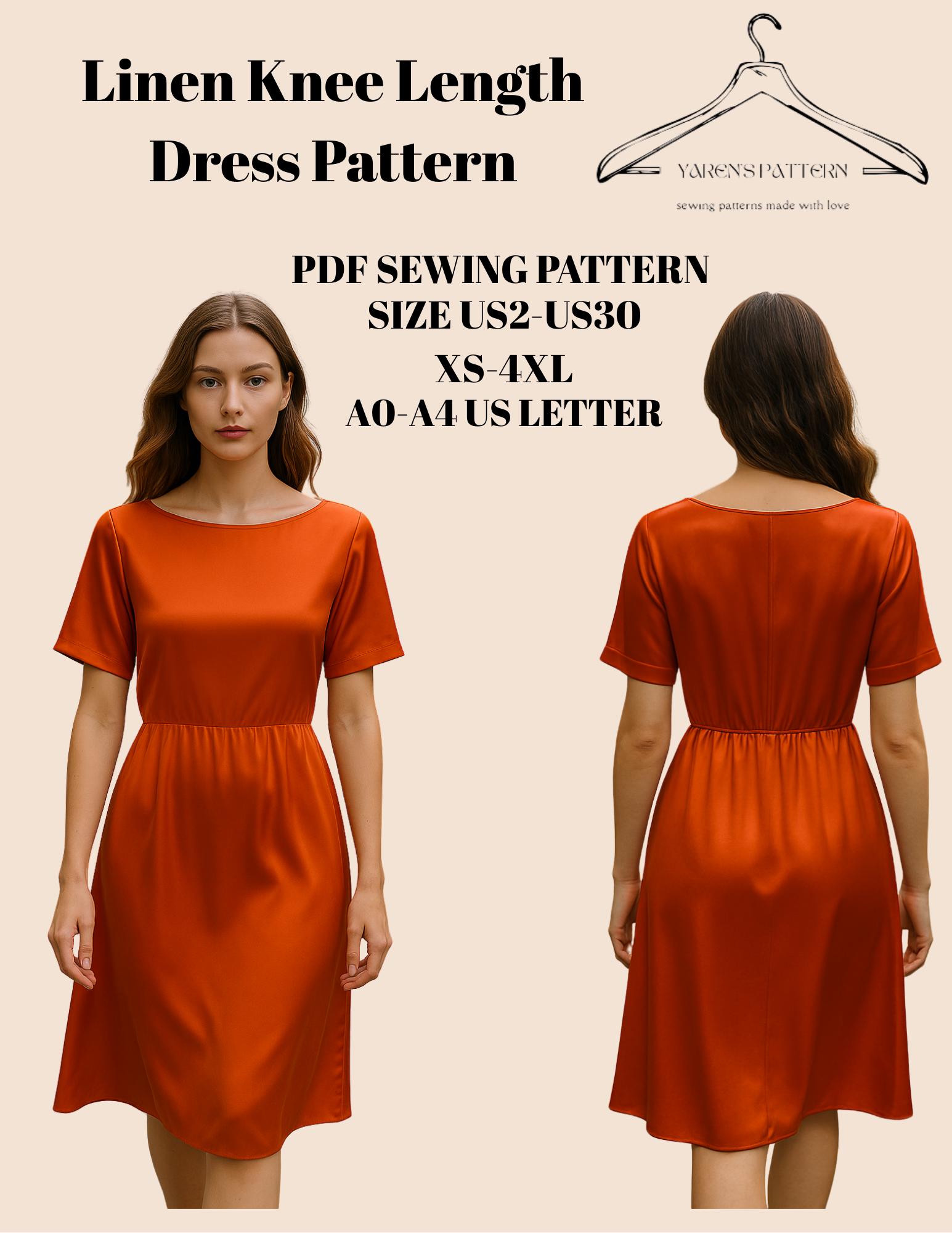 Linen, Knee Length Dress Sewing Pattern,Women Size:US2 to US30,PDF Pattern