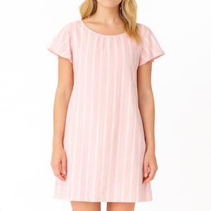 May include: A pink and white striped dress with short, flutter sleeves. The dress has a scoop neckline and a straight, relaxed fit. The fabric appears to be lightweight, suitable for warm weather. The dress is knee-length.