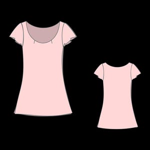 May include: Two light pink t-shirts are displayed against a black background. The larger shirt has a scoop neckline and short, ruffled sleeves. The smaller shirt mirrors the design, offering a scaled-down version of the same style.