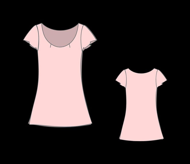 May include: Two light pink t-shirts are displayed against a black background. The larger shirt has a scoop neckline and short, ruffled sleeves. The smaller shirt mirrors the design, offering a scaled-down version of the same style.