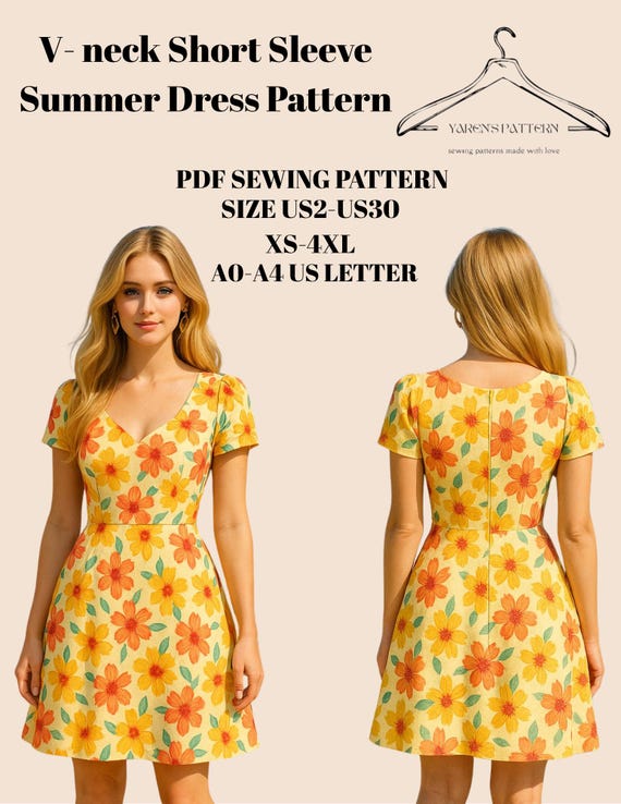 V-Neck,Summer Dress Sewing Pattern,Women Size:US2 to US30,PDF Pattern V-Neck,Summer Dress Sewing Pattern,Women Size:US2 to US30,PDF Pattern