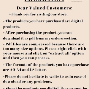 May include: A beige informational graphic with the text "IMPORTANT INFORMATION" and a list of customer service details. The text includes instructions for digital product downloads and file formats, with a logo of a hanger in the top right corner.