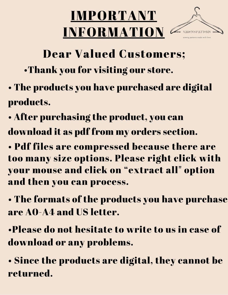 May include: A beige informational graphic with the text "IMPORTANT INFORMATION" and a list of customer service details. The text includes instructions for digital product downloads and file formats, with a logo of a hanger in the top right corner.