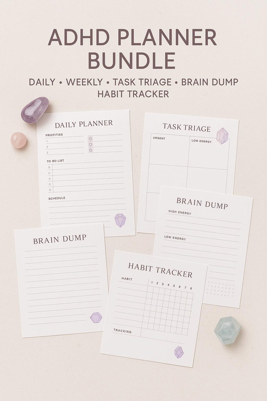 ADHD Printable Planner Bundle, Gem Themed, Daily and Weekly Pages ...