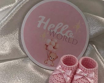 Pink Hello World Baby Announcement Plaque - Acrylic Keepsake