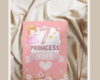 Personalised Princess Birthday Card with Blank White Envelope - 3D Pearls - Hammered Card