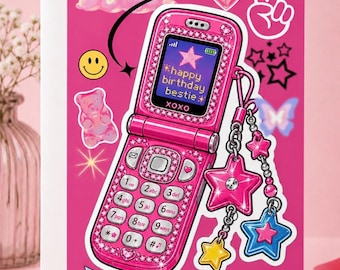 Y2K Pink Best Friend 'Bestie' Birthday Card with Blank White Envelope - Glossy Finish