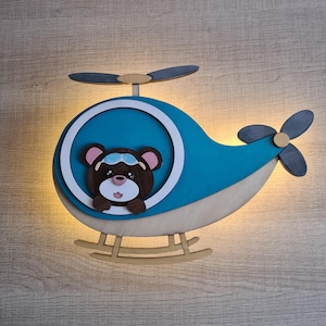 Children&#39;s bedroom wall lamp - Helicopter with teddy bear and LED light - Personalized wooden decoration