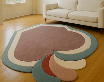 Handmade Abstract Modern Tufted Rug – lavender , cream,teal blue,light blush pink colour Organic Shapes, Irregular minimalist contemporary