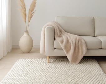 Handwoven Chunky Bobble Rug - Cream Beige Pebble Texture, Cozy Living Room Area Rug, Custom Size Scandinavian Decor