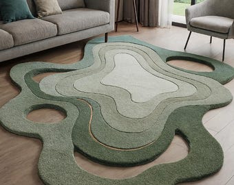 Tapijt met onregelmatige vorm beige groen, handgetuft pluche topografisch tapijt, modern abstract woonkamerdecor, aangepast formaat
