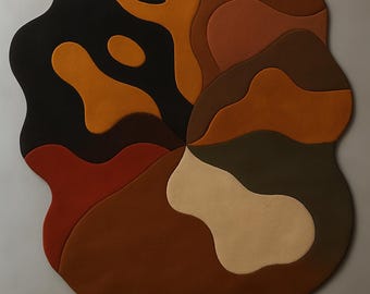 May include: A large, abstract rug with a layered design. The rug features a variety of earth tones, including black, brown, orange, and beige. The shapes are organic and flowing, creating a modern and artistic look. The rug is likely made of a soft material.