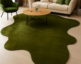Olive green organic Blob Rug  Irregular Wavy Amoeba Shape Area Rug, Hand Tufted Plush Carpet, Modern Abstract Living Room Decor, Custom Size