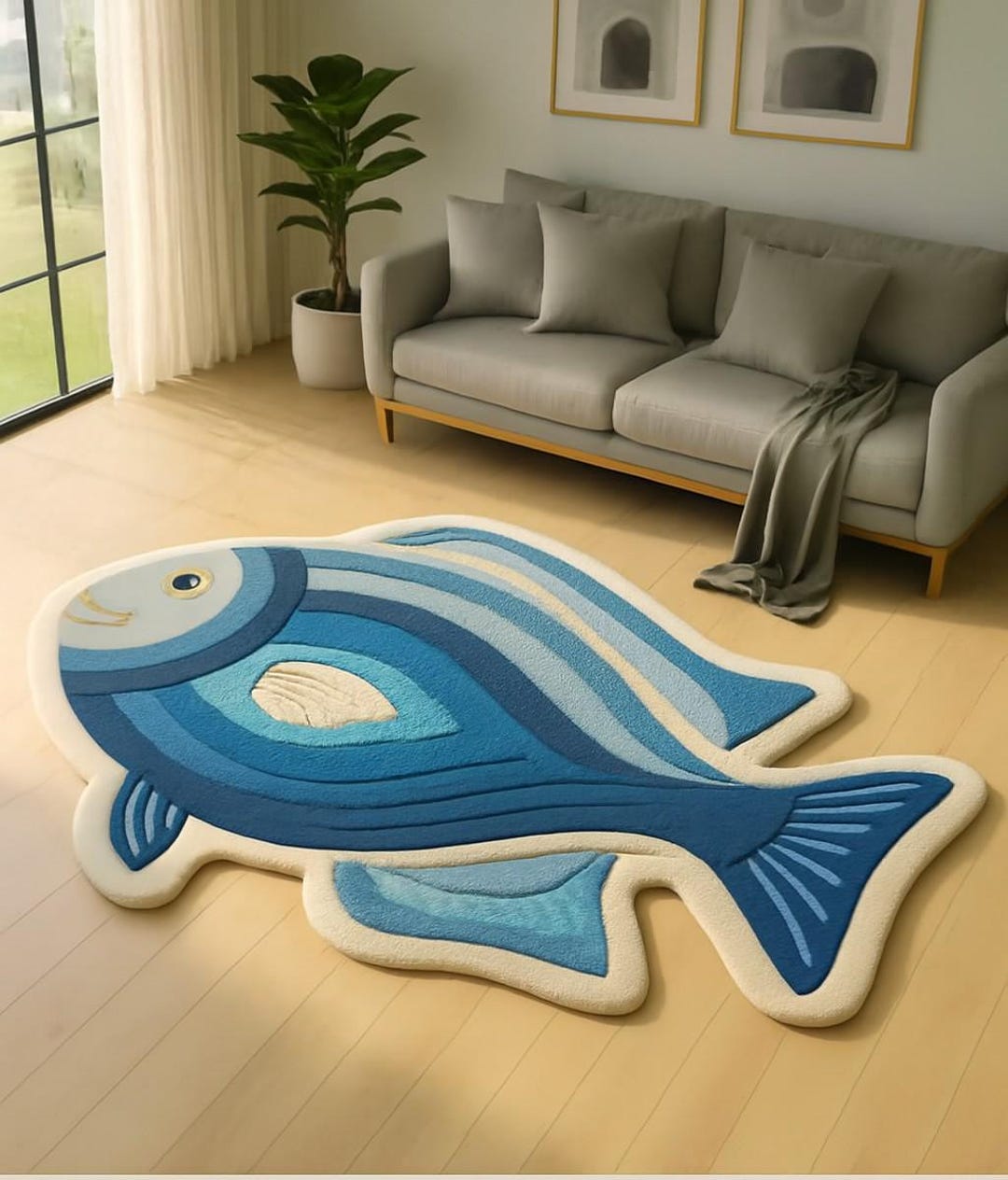 Throw Rug Fish Fish Shaped Tufted Rug – Ocean Blue & Beige Statement Carpet, Modern ...