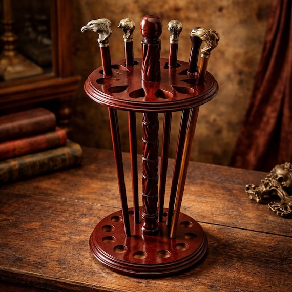 Antique Style Cane Stand | 12-Hole Wooden Organizer Rack, Victorian Decor