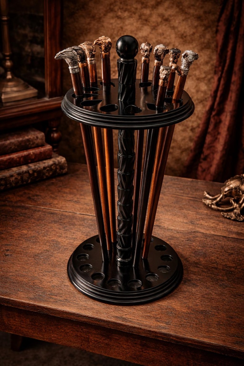 Pode incluir: Um suporte de madeira preto para bengalas, contendo v&aacute;rias bengalas com cabos decorativos. O suporte tem um design em camadas com um suporte central e uma base circular. As bengalas t&ecirc;m v&aacute;rios designs e cores de cabo.