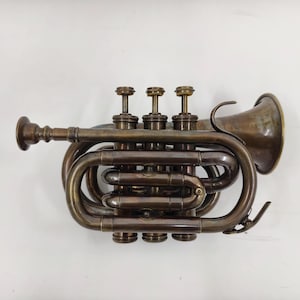 Vintage  Antique Brass Trumpet Pocket Bugle Horn 3 Valve Mouthpiece Best for Gift and home decoration for musical theme