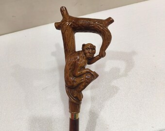 Carved Wooden Walking Cane: Monkey Handle, Rubber Tip - 37 inch