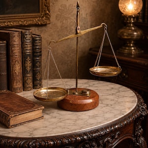 Könnte beinhalten: Eine antike Messingwaage mit zwei runden Waagschalen, auf einem Holzsockel. Die Waage steht auf einem Tisch mit Marmorplatte, umgeben von antiken Büchern und einer Lampe. Die Szene erinnert an Geschichte und Recht.