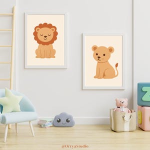 Boho Safari Lion Cub Nursery Prints – Set of 4 Jungle Animal Wall Art | Neutral Baby Room Decor | Instant Digital Download
