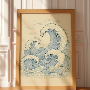 Line Art Print, Japanese style Waves Printable Poster, Minimalist blue and White Art Print, Home Decor
