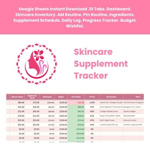 May include: A digital Google Sheets skincare supplement tracker with a pink header featuring the text: Google Sheets Instant Download. 10 Tabs. Dashboard. Skincare Inventory. AM Routine. Pm Routine. Ingredients. Supplement Schedule. Daily Log. Progress Tracker. Budget. Wishlist.