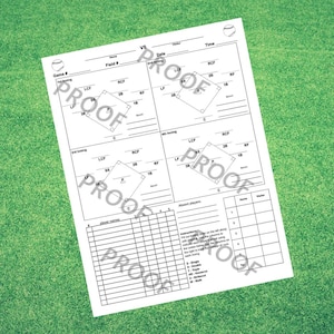 May include: A white baseball score sheet with fields for game details, player names, and inning-by-inning scoring. The sheet includes diagrams of a baseball field and instructions for use. The background is green.