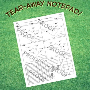 May include: A white tear-away notepad sheet featuring a baseball scorekeeping template with four diamond diagrams for innings, a player name grid, and instructions. The text reads TEAR-AWAY NOTEPAD! and includes a legend for baseball statistics.
