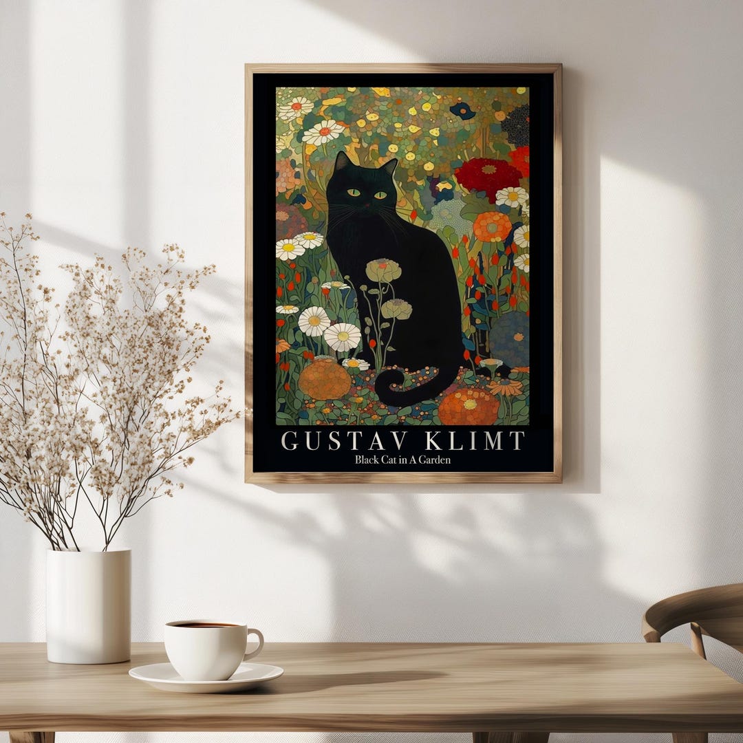 Gustav Klimt Black Cat Flower Garden Print, Fine Art Exhibition Print ...