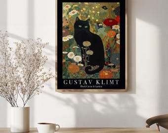 May include: A framed art print featuring a black cat in a garden, inspired by Gustav Klimt. The artwork showcases a black cat amidst colorful flowers and foliage. The print includes the text "GUSTAV KLIMT" and "Black Cat In A Garden".